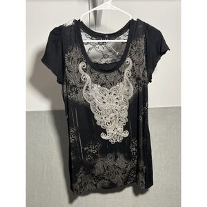 B.L.E.U. Women's Black Lace Yoke Graphic Print Scoop Neck T-Shirt Size L